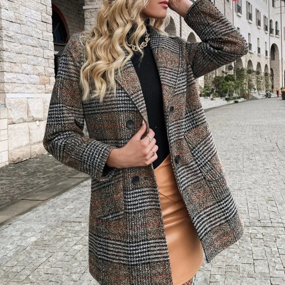 Chic Classy plaid double breast Overcoat Jacket Shacket Coat brown - Picture 3 of 6